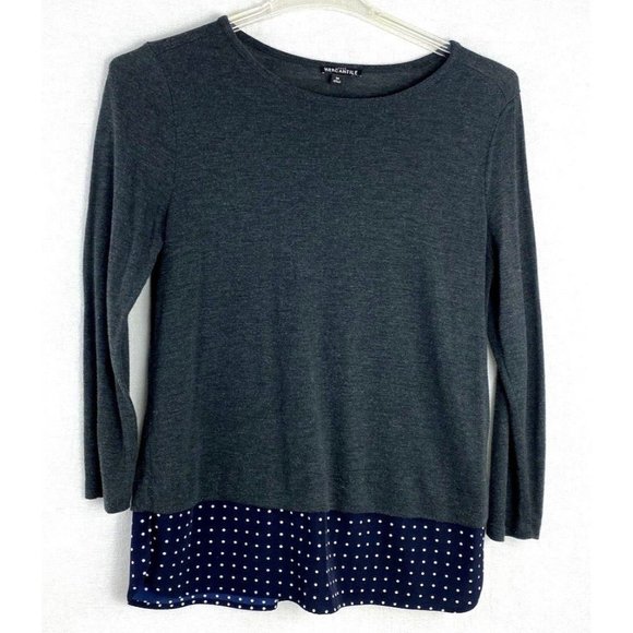 J. Crew J7339 Woman's Blue While Polka Dot Hem On Gray Long Sleeve Knit Top M - Picture 1 of 7